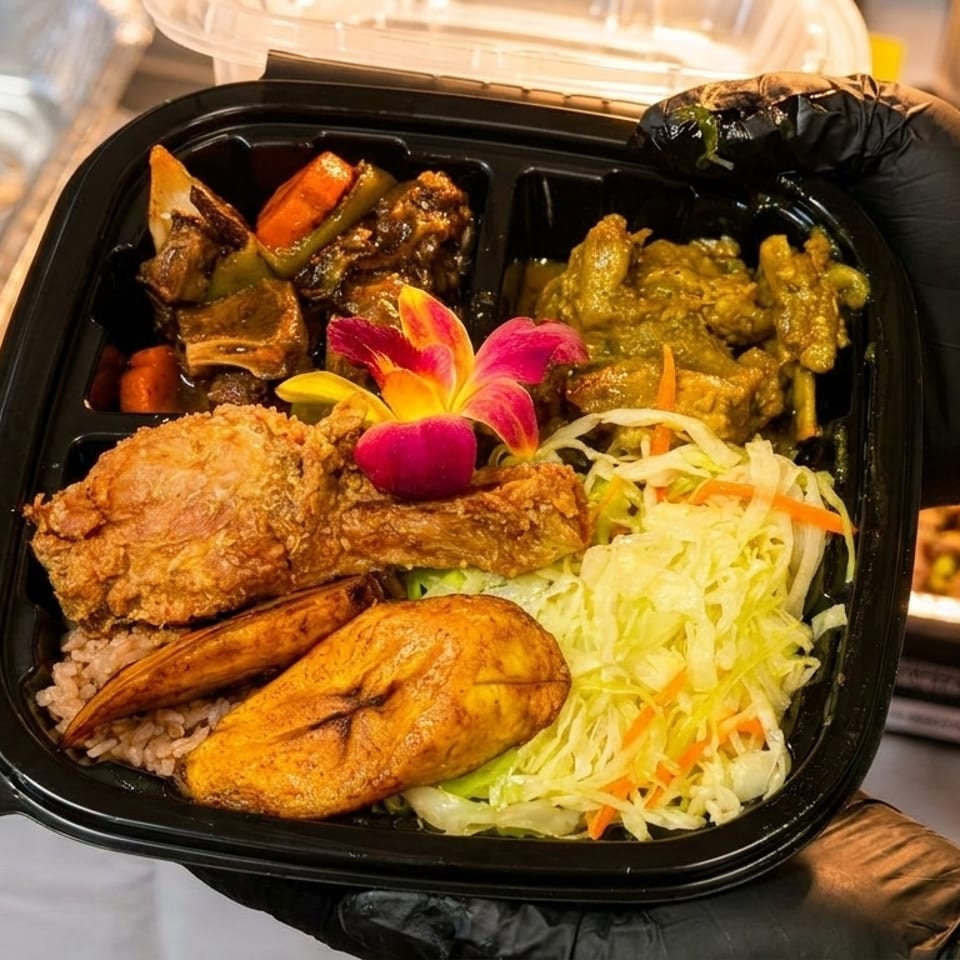 A gloved hand holds a takeout container with fried chicken, rice, plantains, cabbage, and two meat dishes.
