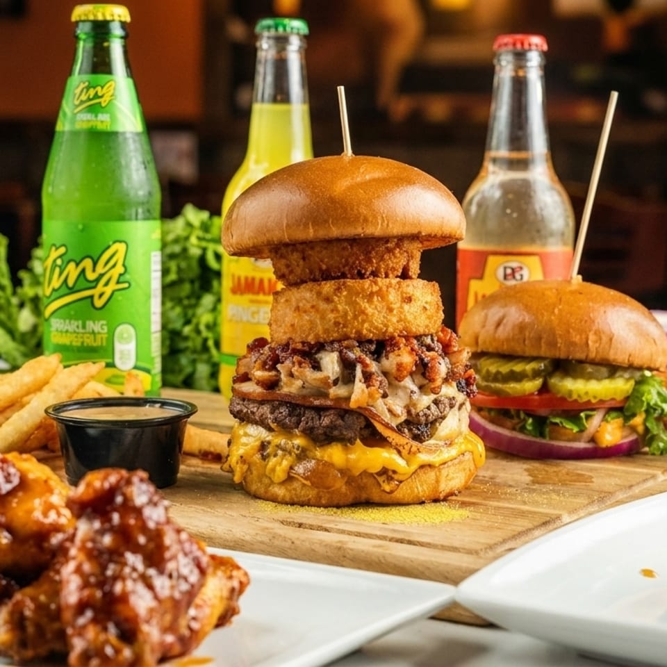 A table laden with a large burger, chicken wings, fries, rice, pineapple, and bottled drinks.