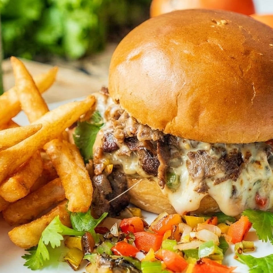 Cheesesteak sandwich with melted cheese, fries, and salsa on a white plate, with a green soda can.