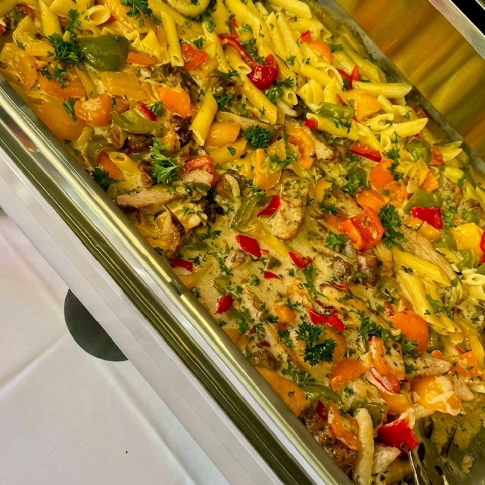 Creamy penne pasta with chicken, bell peppers, and parsley in a chafing dish.