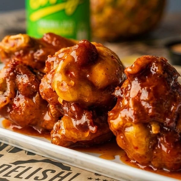 A white rectangular plate filled with saucy, glistening chicken wings, with drinks and dipping sauce in the background.