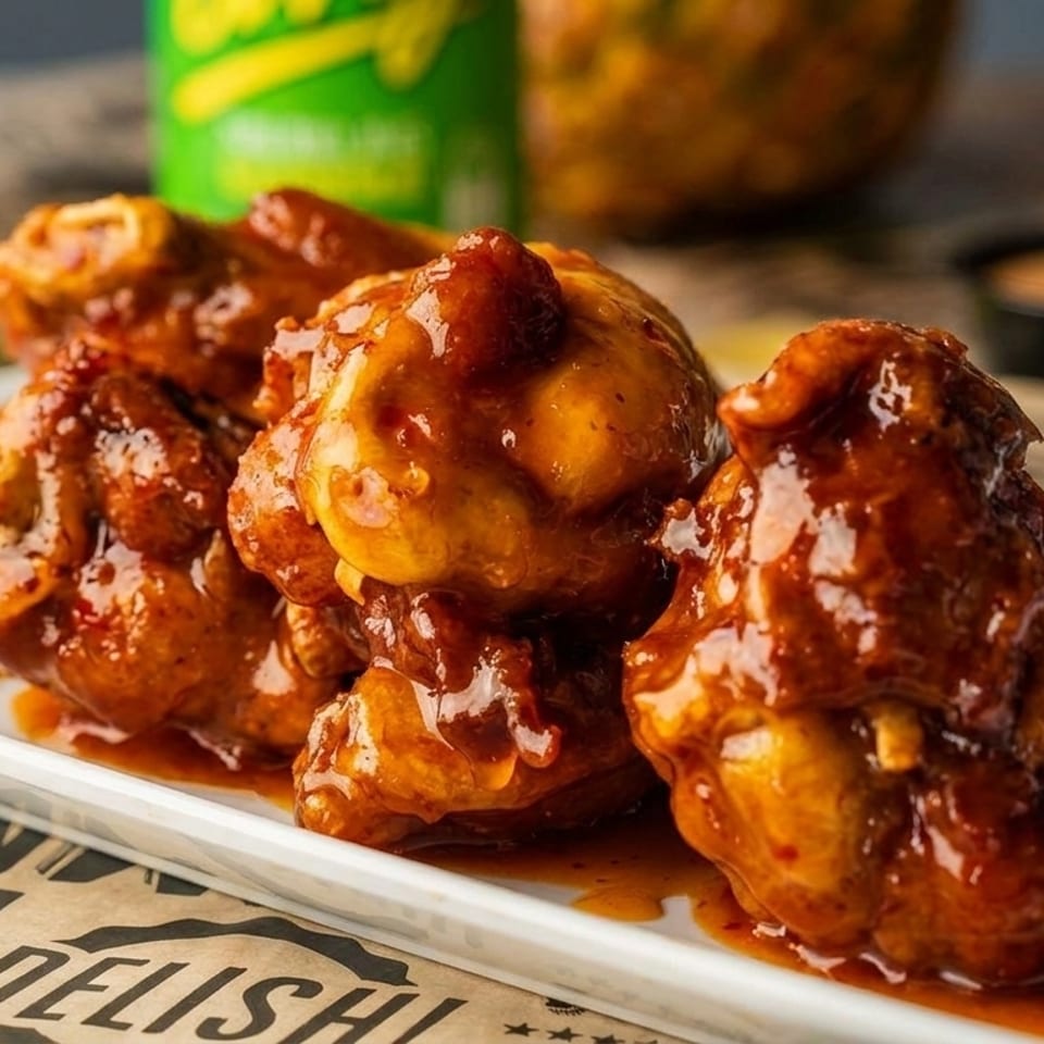 A white rectangular plate filled with saucy, glistening chicken wings, with drinks and dipping sauce in the background.